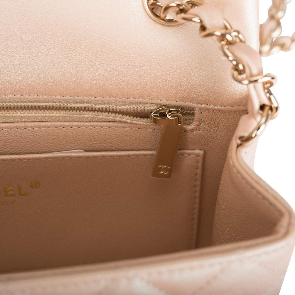 Chanel Beige Iridescent Quilted Lambskin Rectangular Mini Classic Flap Bag Light Gold Hardware Chanel
