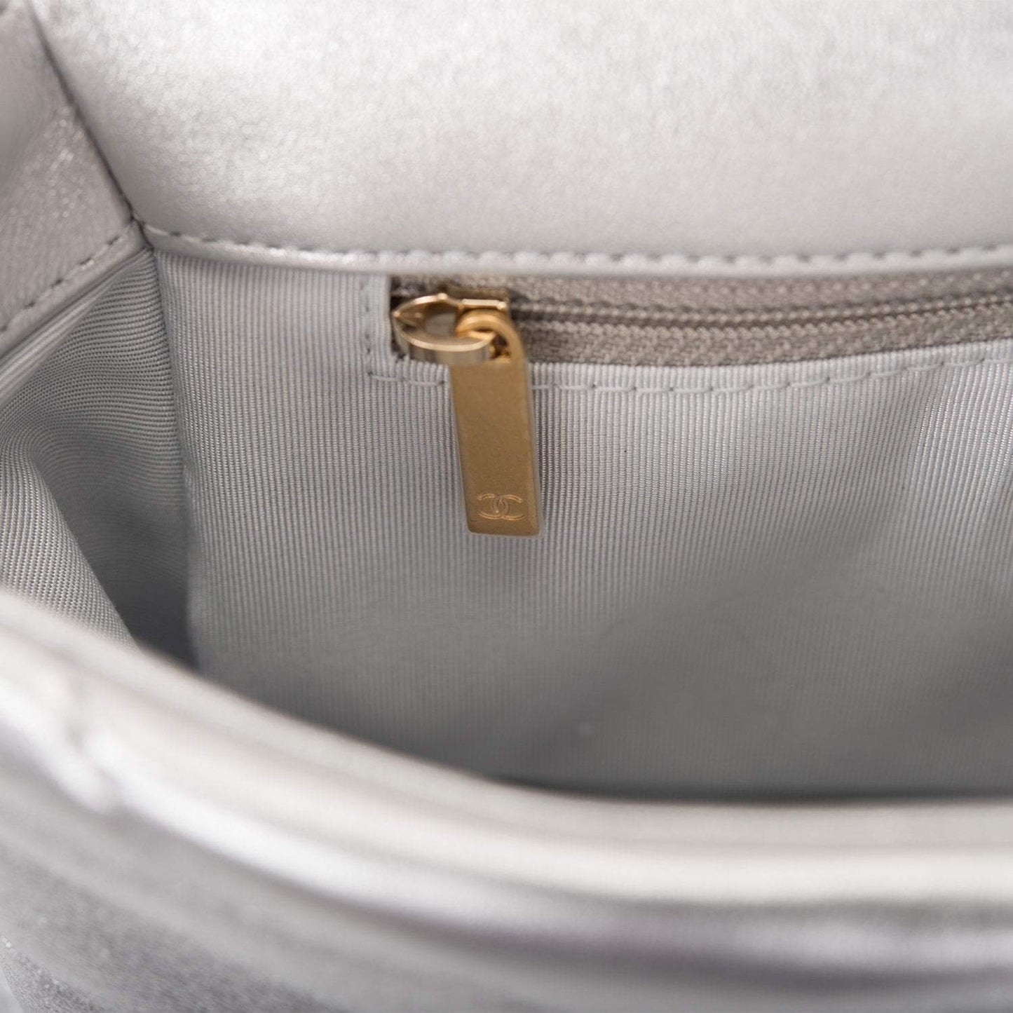 Chanel Silver Metallic Quilted Lambskin Medium 19 Flap Bag Mixed Hardware Chanel