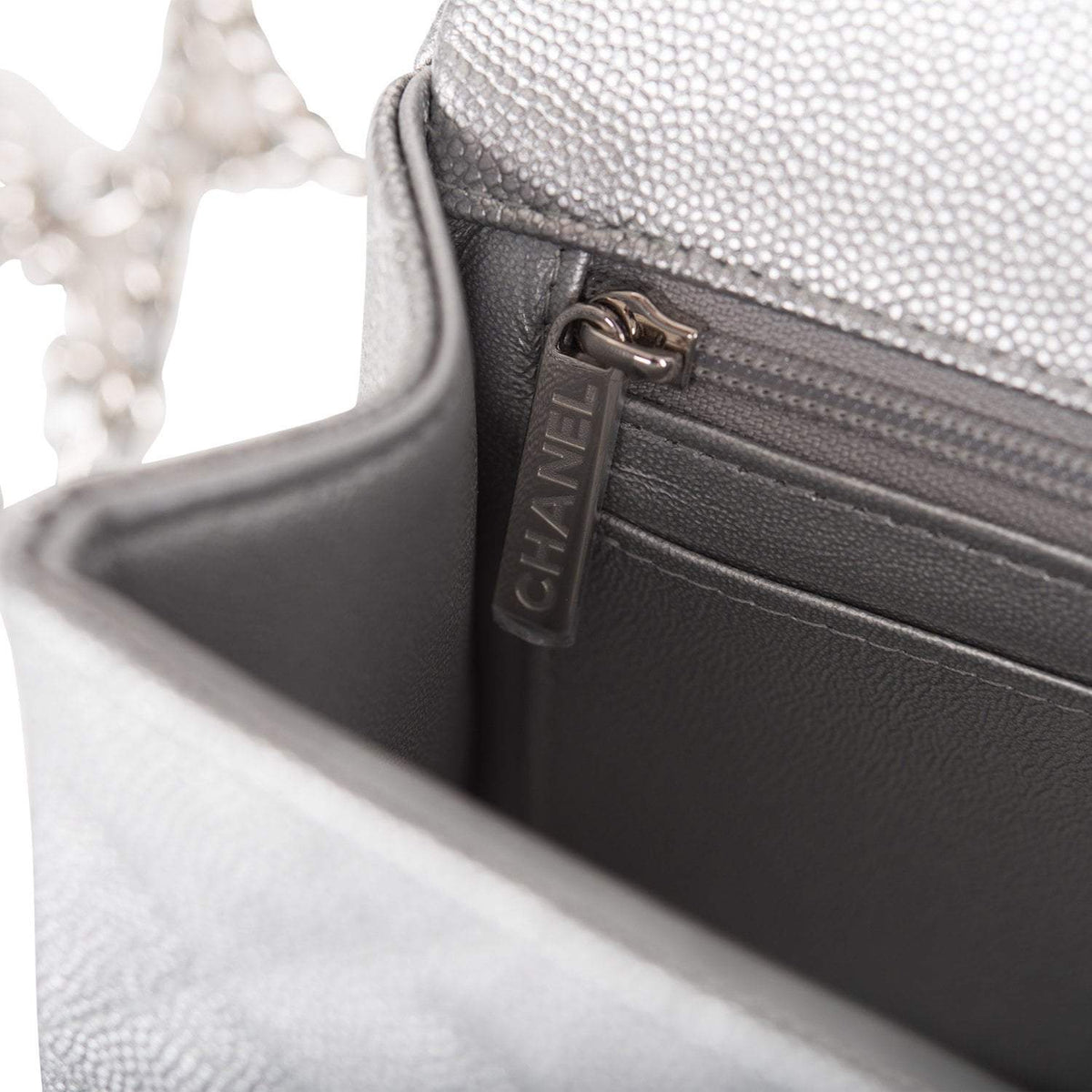 Chanel Silver Metallic Quilted Caviar Rectangular Mini Flap Bag with Top Handle Silver Hardware Chanel
