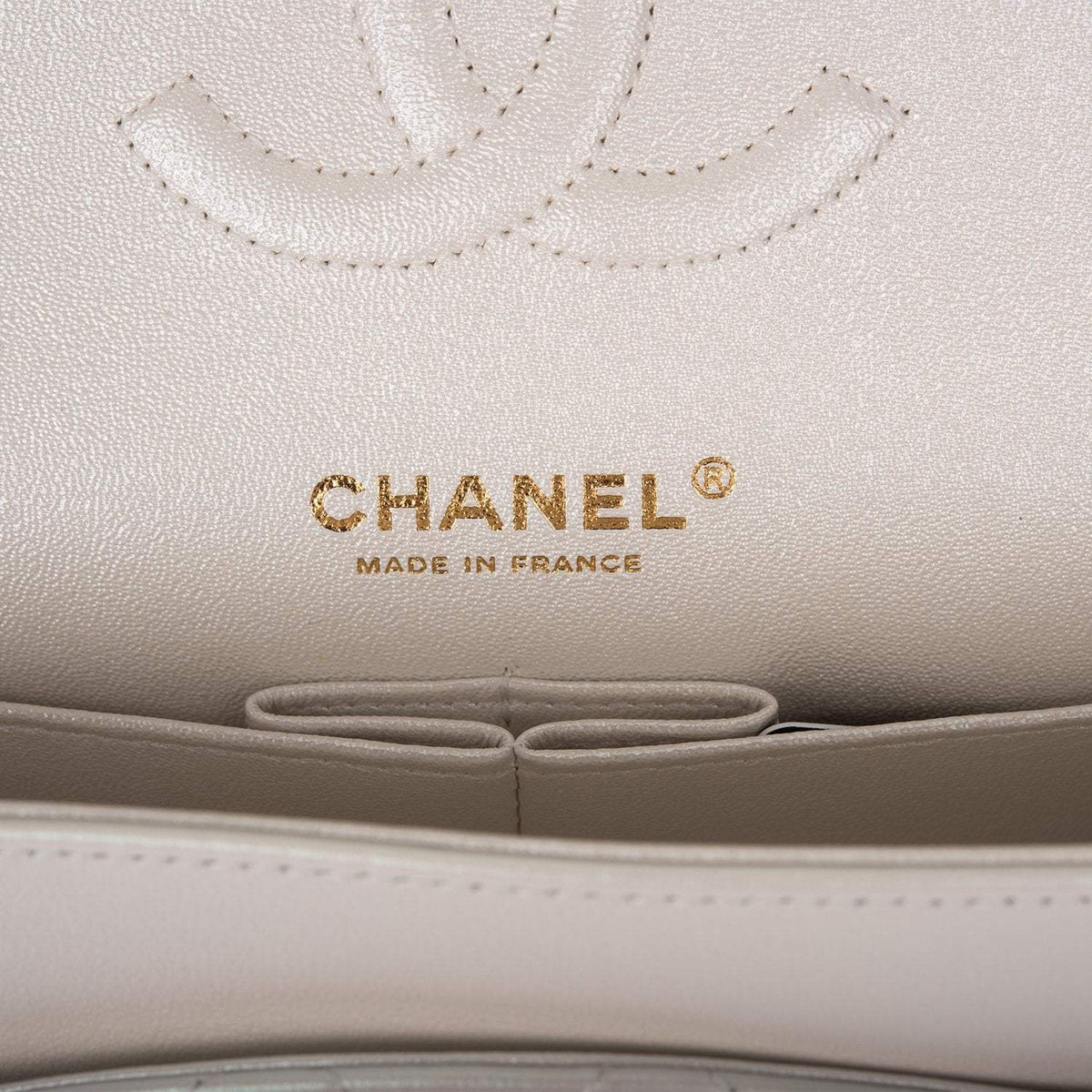 Chanel White Iridescent Quilted Lambskin Medium Classic Double Flap Bag Light Gold Hardware Chanel