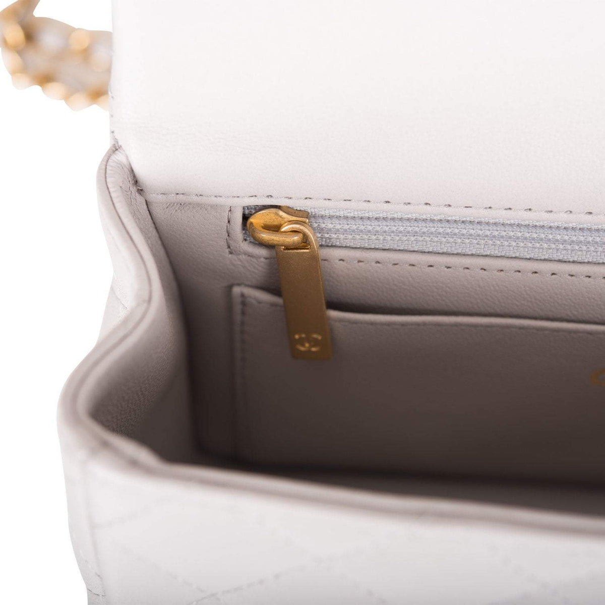 Chanel Grey Quilted Lambskin Rectangular Mini Flap Bag with Top Handle Antique Gold Hardware Chanel