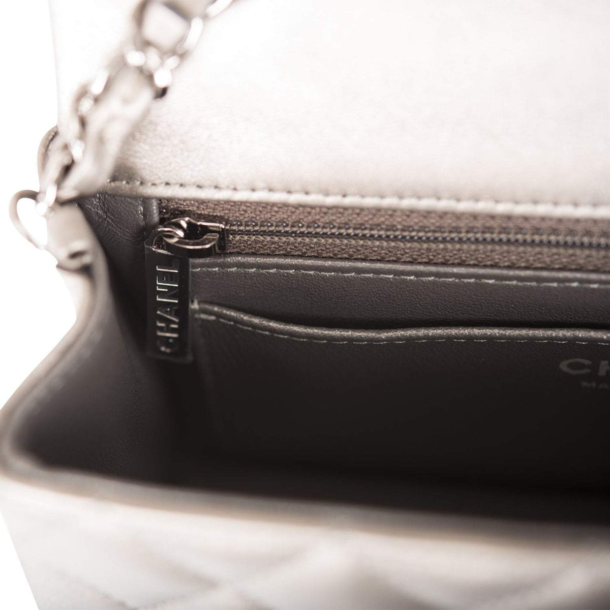 Chanel Mini Rectangular Flap Bag Ruthenium Metallic Lambskin Silver Hardware Chanel
