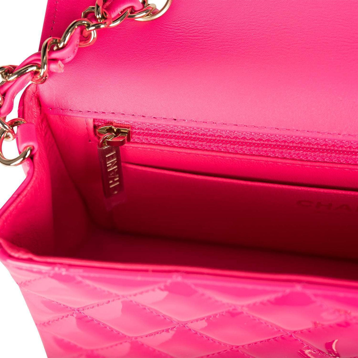 Chanel Pink Quilted Patent Rectangular Mini Classic Flap Bag Light Gold Hardware Chanel