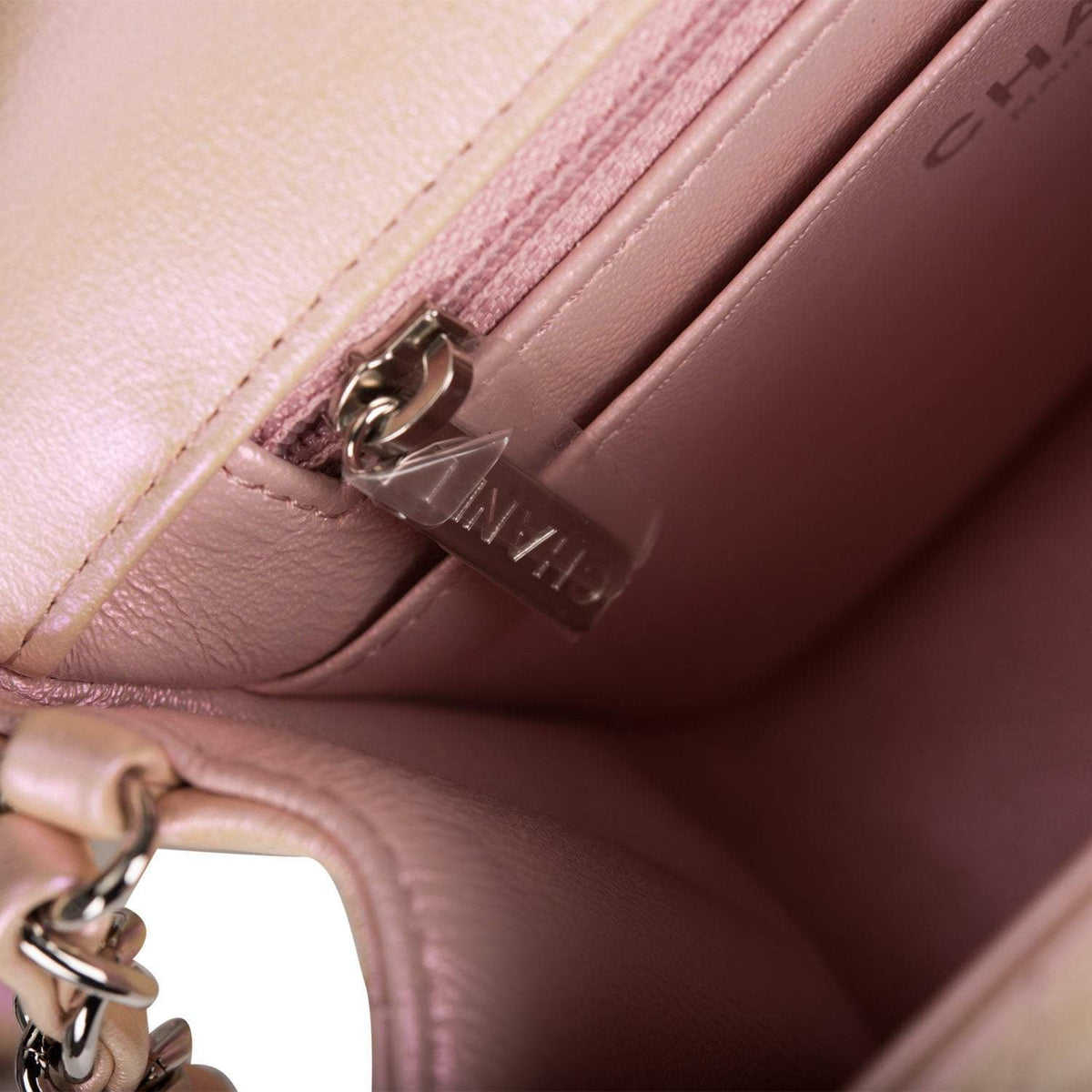 Chanel Mini Square Flap Bag Pink Iridescent Lambskin Silver Hardware Chanel