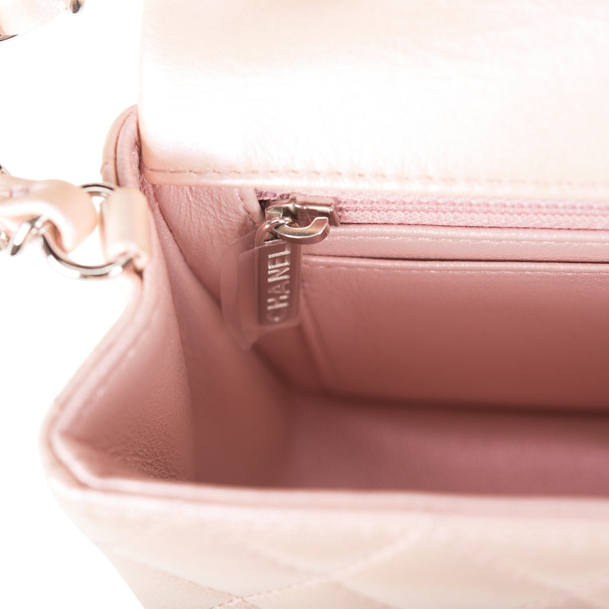 Chanel Mini Rectangular Flap Bag Pink Iridescent Lambskin Silver Hardware Chanel