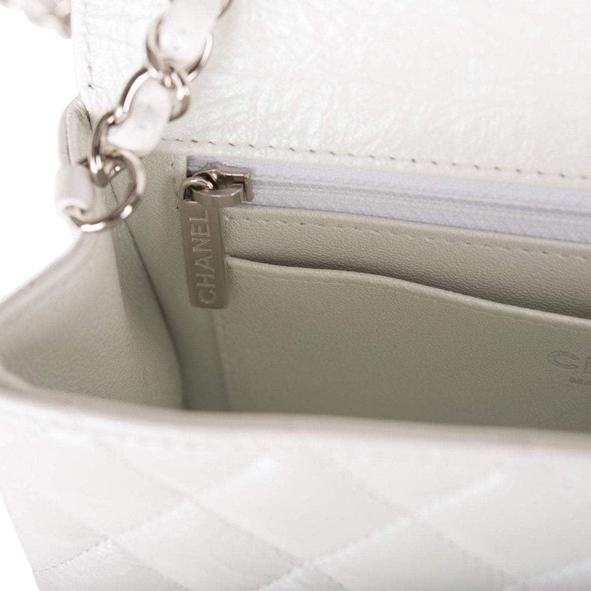 Chanel Mini Rectangular Flap Bag White Iridescent Lambskin Silver Hardware Chanel