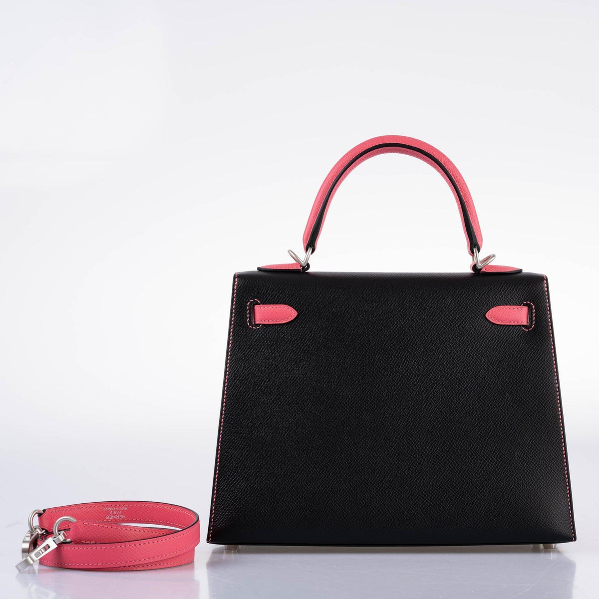 Hermes HSS Kelly 25 Sellier Rose Azalee & Black Epsom with Brushed Palladium Hardware Hermes