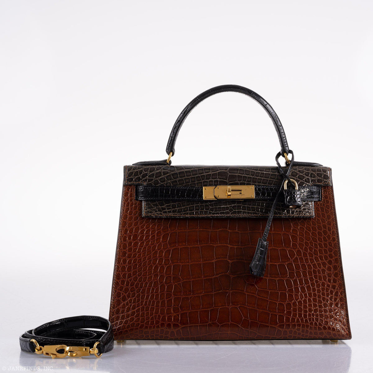 Hermes Kelly 28 Sellier Miel, Graphite & Black Alligator with Gold Hardware Hermes