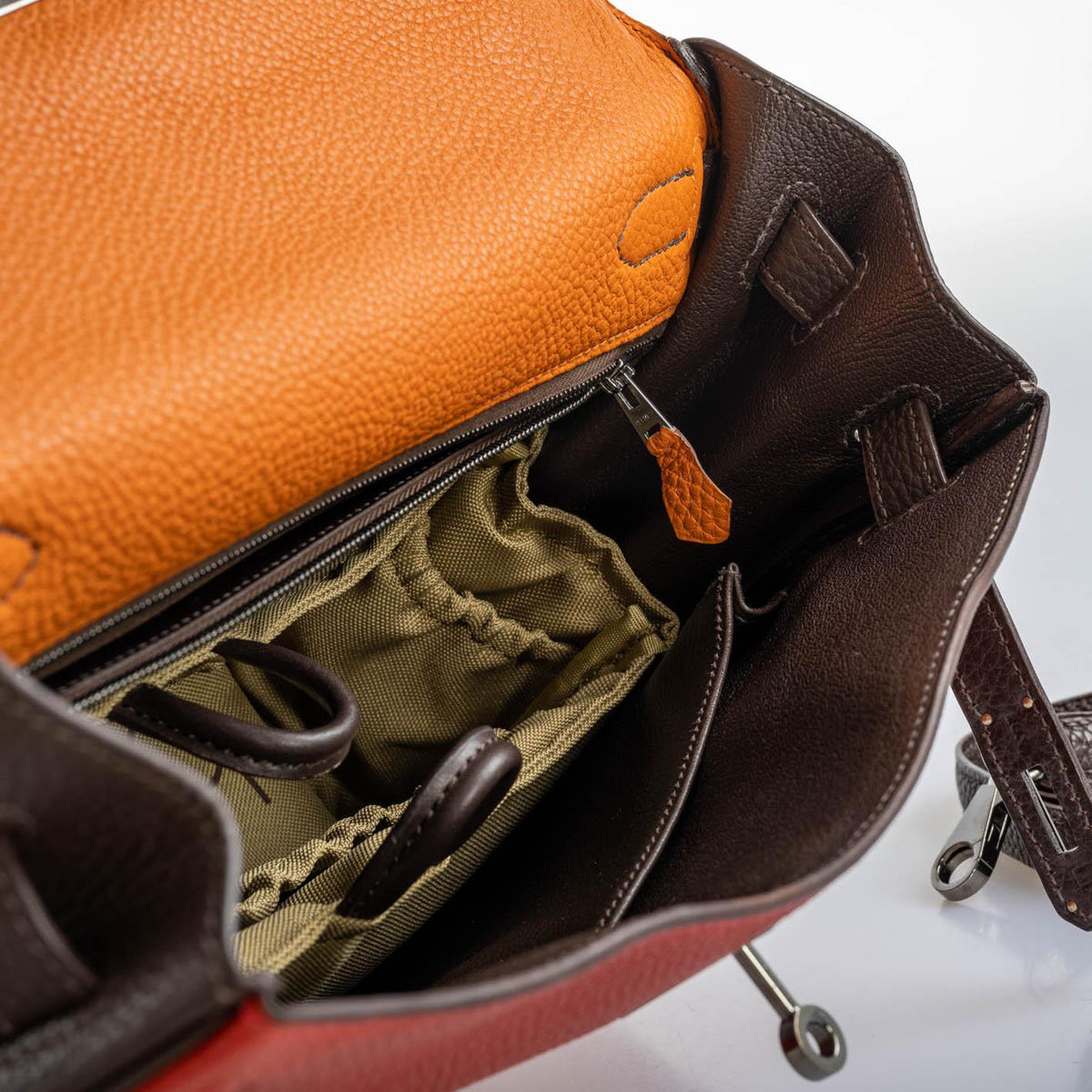 Hermes Kelly 32 Retourne Orange H, Rouge Vif & Ebene Togo with Ruthenium Hardware Hermes