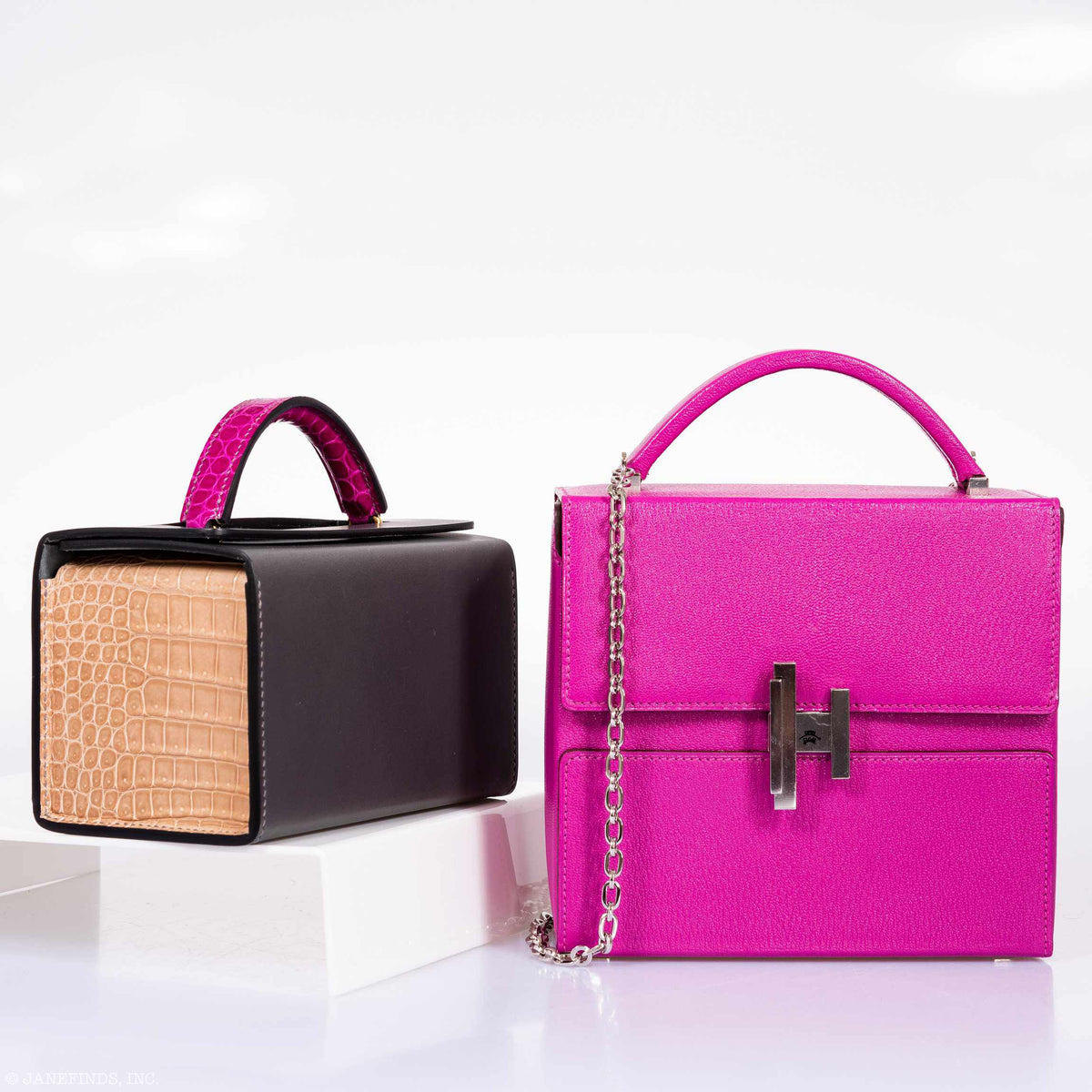 Hermes Minaudière 18 petit h Graphite, Fuchsia, Poussiere Porosus Crocodile & Calf Gold Hardware Hermes