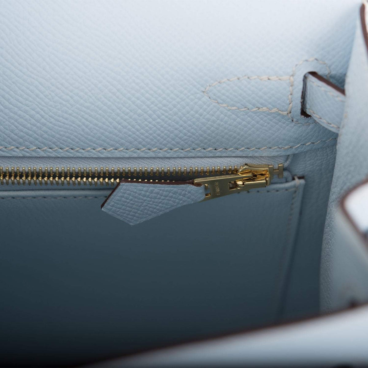 Hermes Kelly Sellier 25 Bleu Brume Epsom Gold Hardware Crowned Bag