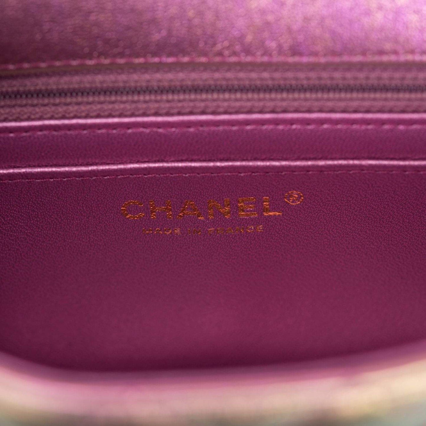 Chanel Mini Rectangular Flap Bag Purple Iridescent Lambskin Light Gold Hardware - Crowned Bag