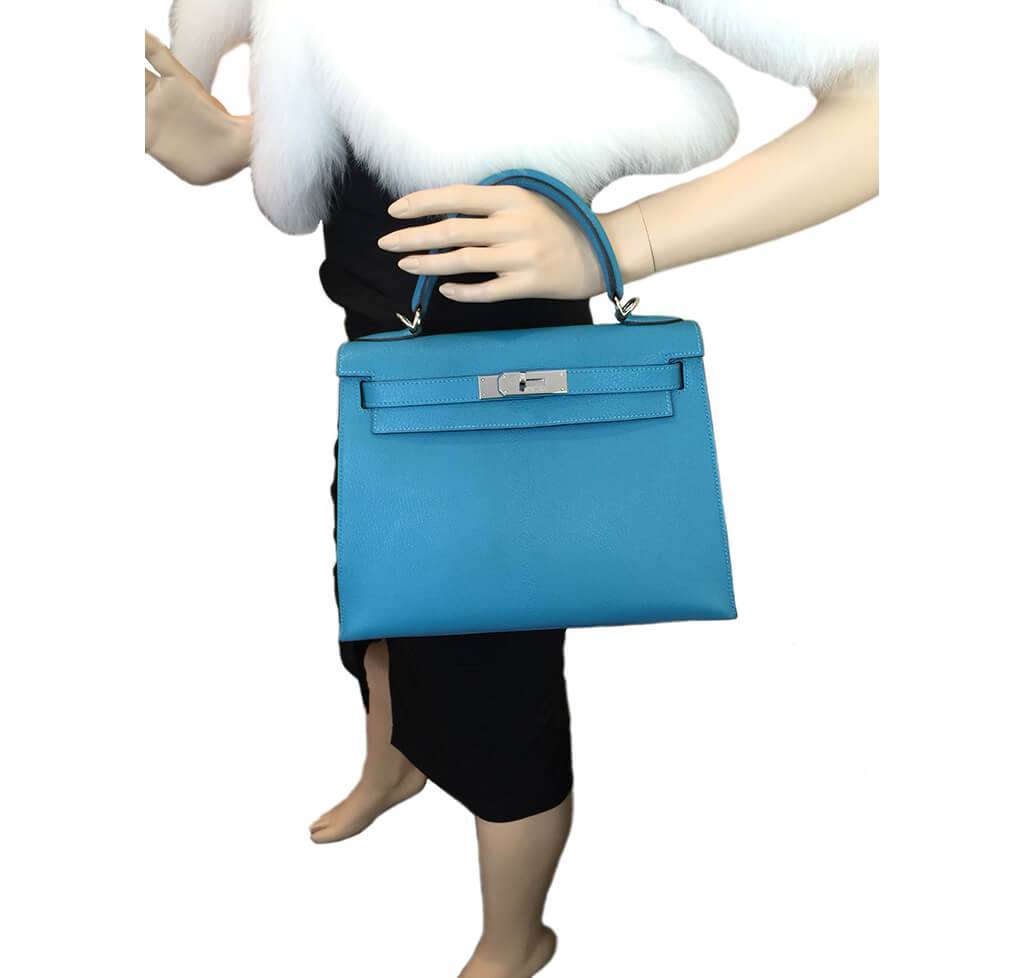 Hermès Kelly Sellier 28 Turquoise Bag PHW Crowned Bag