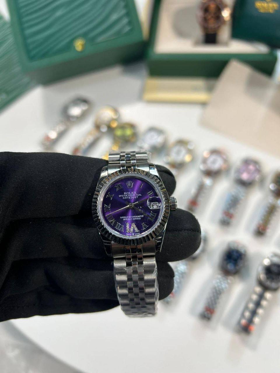 Rolex Lady-Datejust Aubergine Purple Roman Dial Fluted Bezel Silver Jubilee Bracelet Women's Watch Reps Sale UK Best Quality AAA Replica