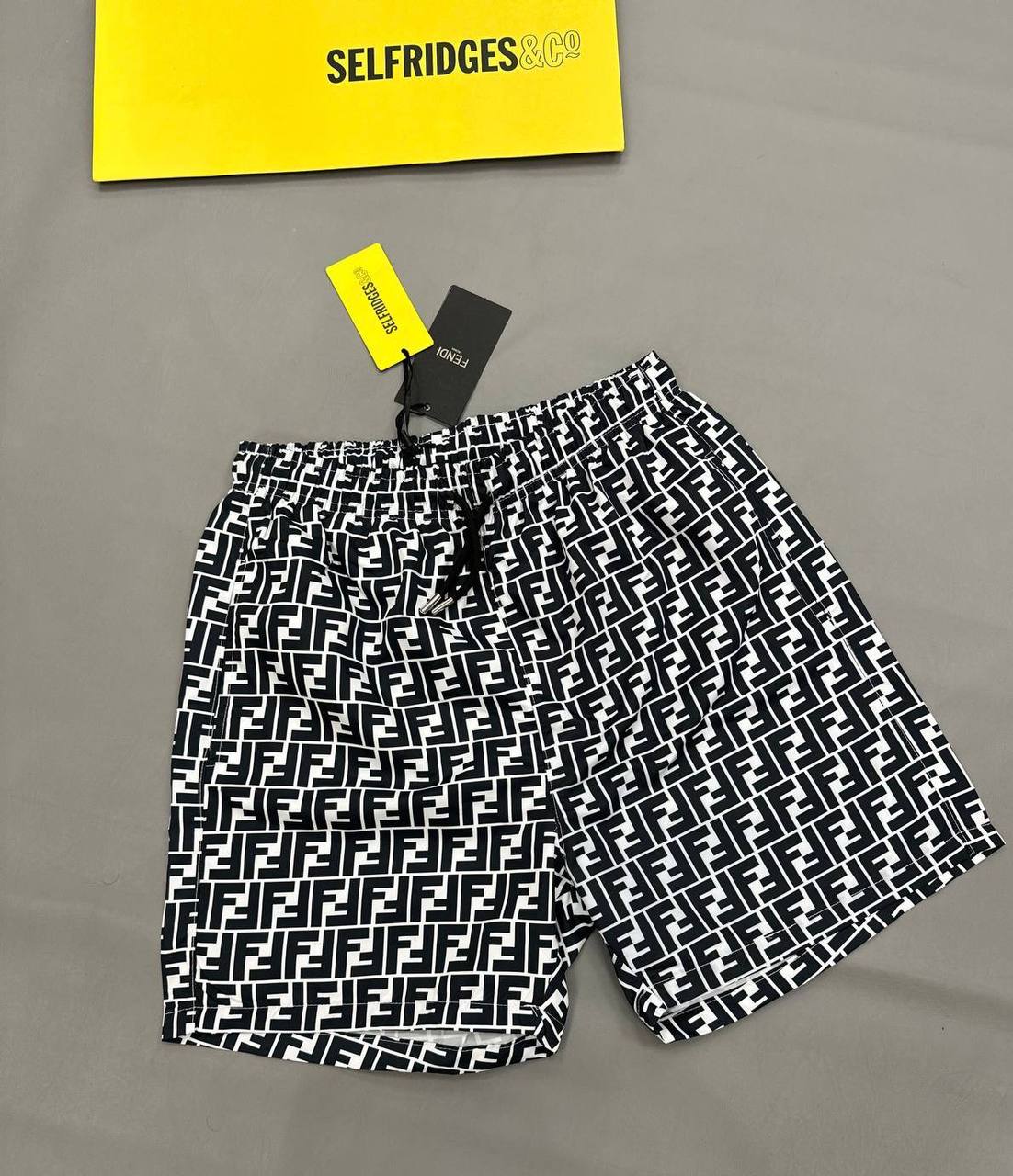 Fendi FF Monogram Motif Swim Shorts in Black/White Men's Reps Sale UK Best Quality AAA Replica