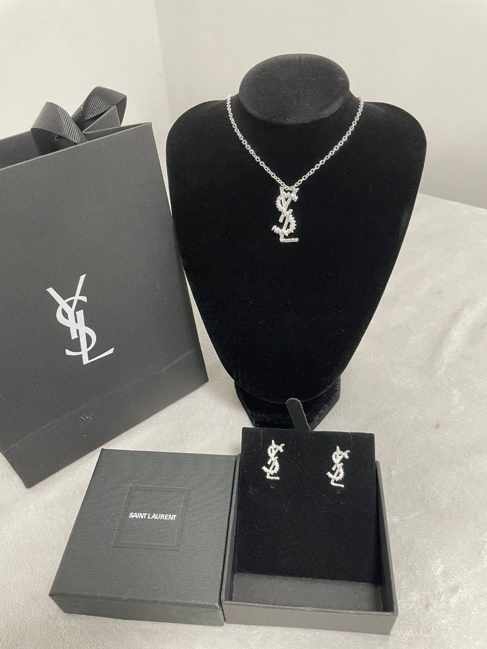 Saint Laurent YSL Logo Necklace & Earrings Set Silver Women's Reps Sale UK Best Quality AAA Replica