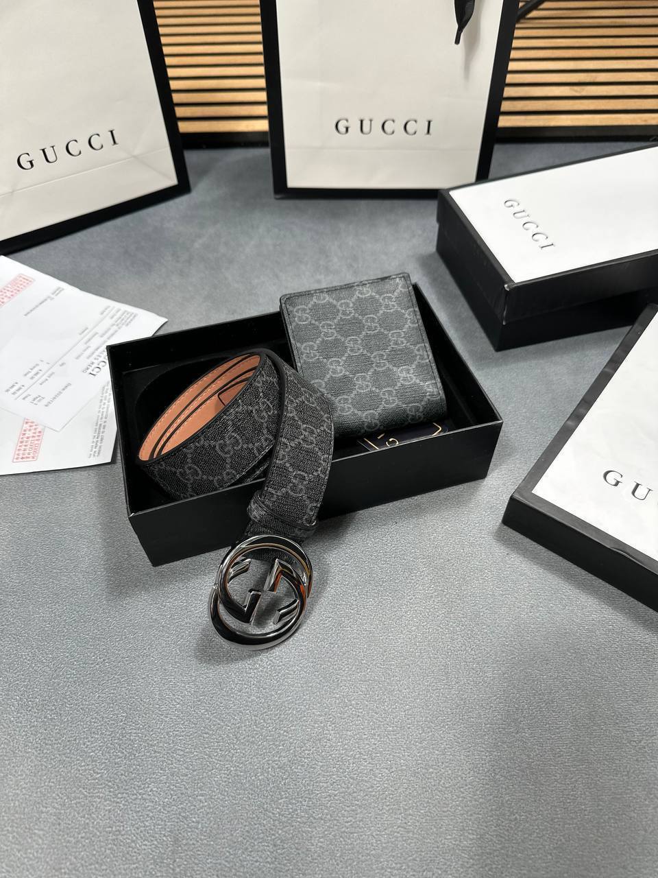 Gucci GG Marmont GG Supreme Canvas Black Belt & Wallet Set Men's Reps Sale UK Best Quality AAA Replica