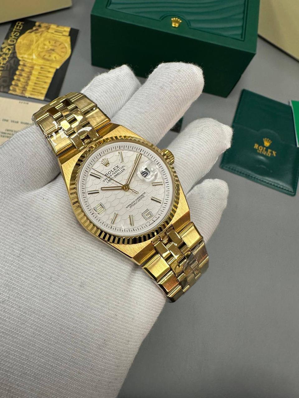 Rolex Land-Dweller Yellow Gold White Textured Dial Watch Men's Reps Sale UK Best Quality AAA Replica