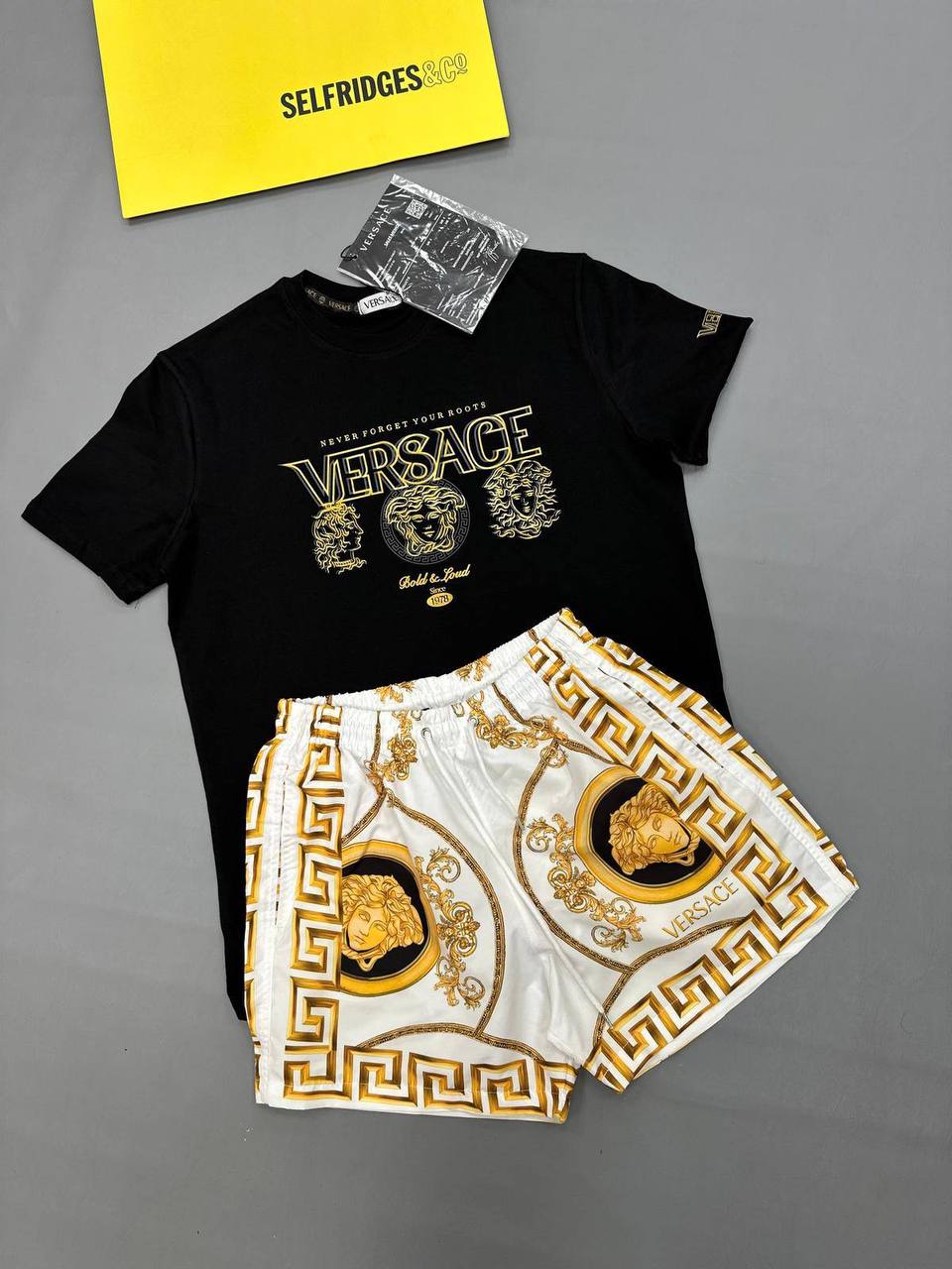 Versace Black Greca Medusa Crest T-Shirt & Shorts Set Black/White Men's Reps Sale UK Best Quality AAA Replica