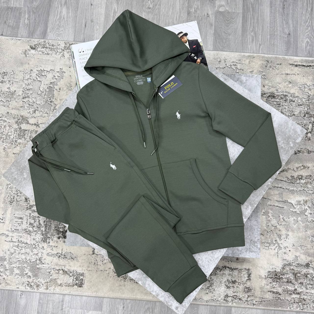 Polo Ralph Lauren Logo Double-Knit Full-Zip Olive Green Tracksuit Mens Reps Sale UK Best Quality AAA Replica