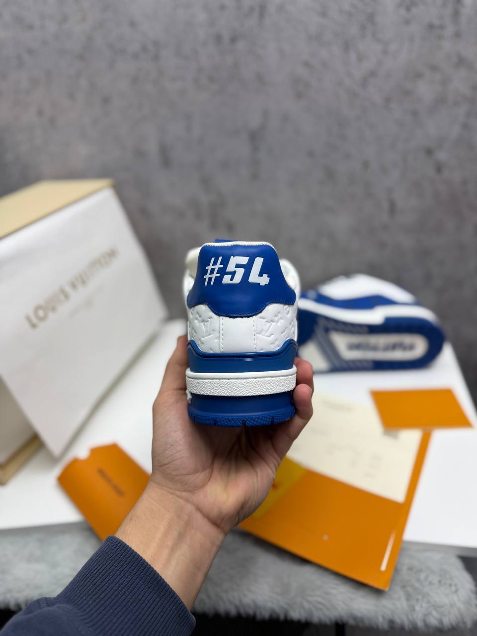 Louis Vuitton LV Monogram Canvas Strap Sneakers in White/Blue Men's Reps Sale UK Best Quality AAA Replica