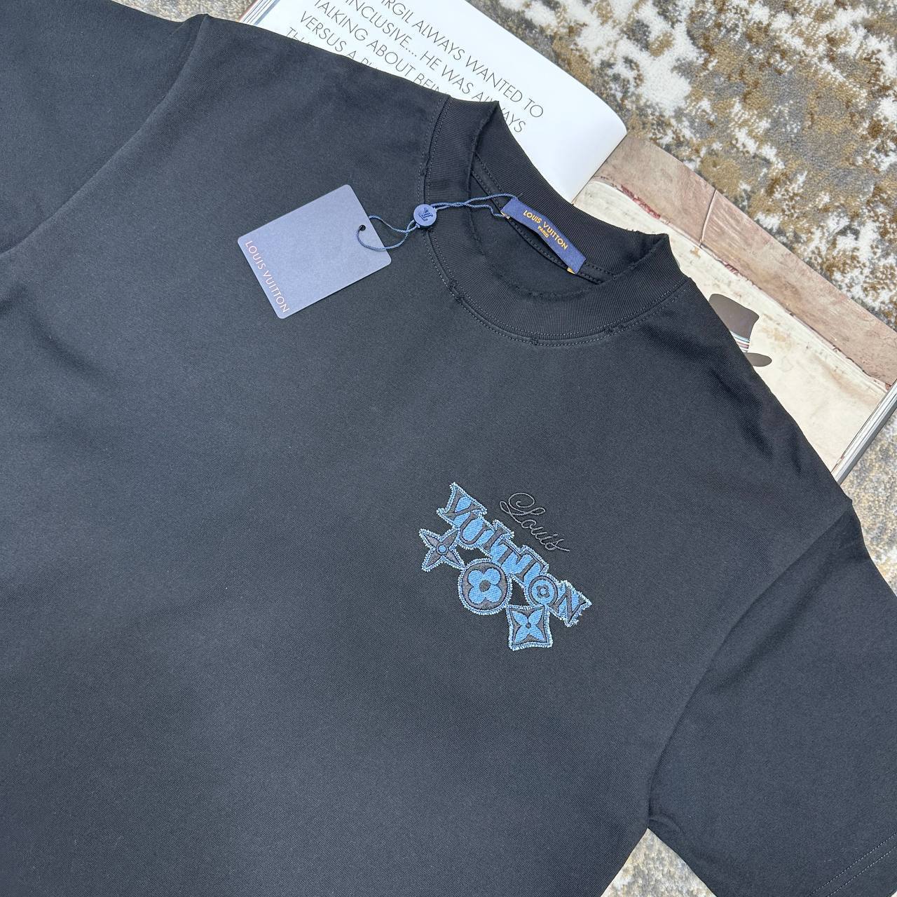 Louis Vuitton Embroidered Short-Sleeved T-Shirts Men's Women's in Navy Color Reps Sale UK Best Quality AAA Replica