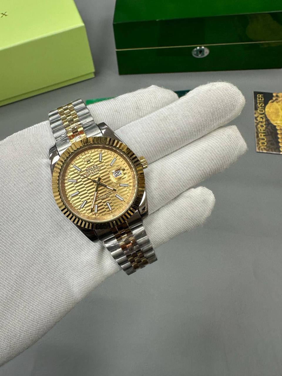 Rolex Datejust Fluted Yellow Gold Champagne Motif Dial Two Tone Jubilee Bracelet Men's Watch Reps Sale UK Best Quality AAA Replica