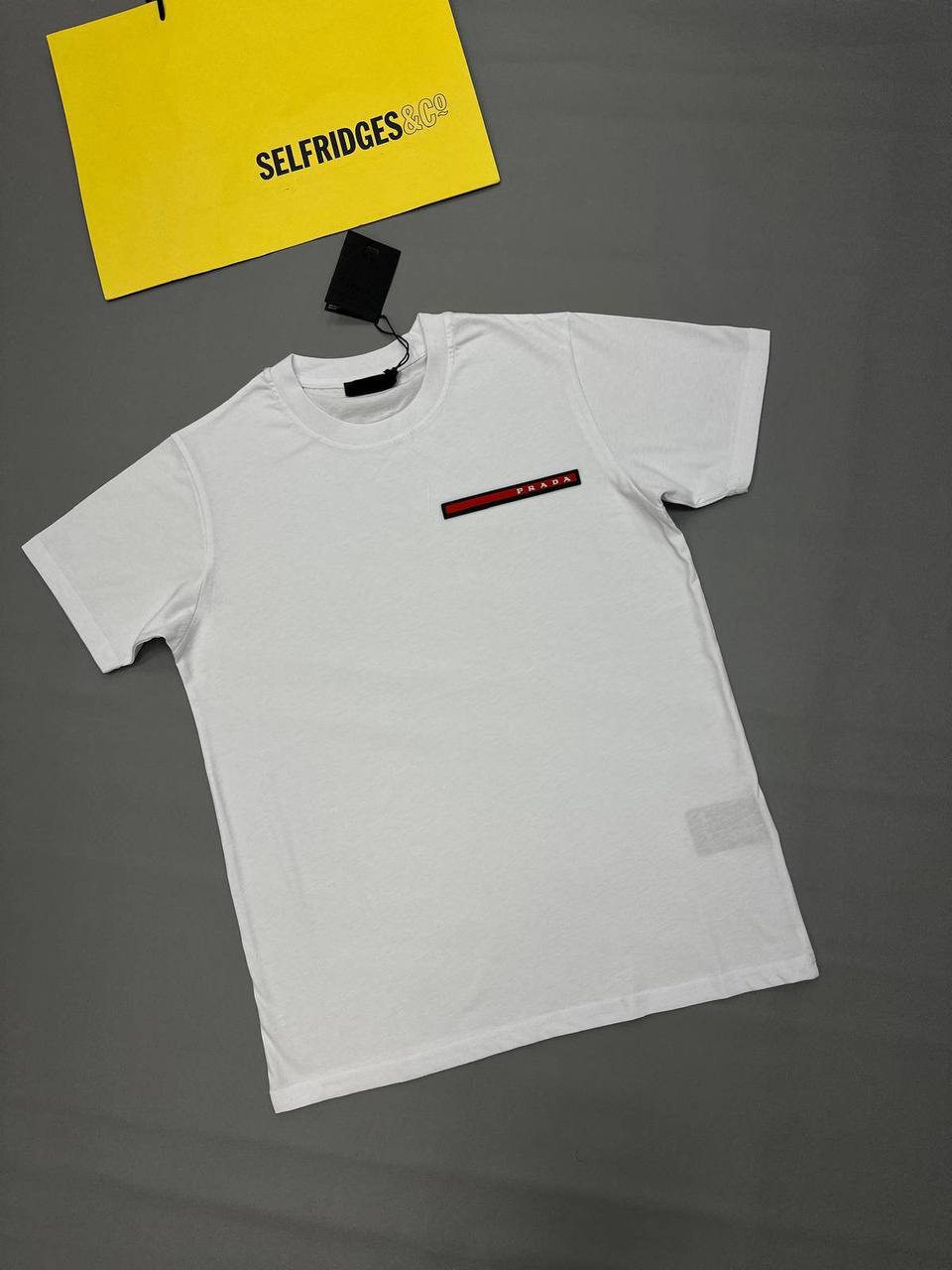 Prada Red Stripe Logo T-Shirts Men's Women's in 2 Colors Reps Sale UK Best Quality AAA Replica