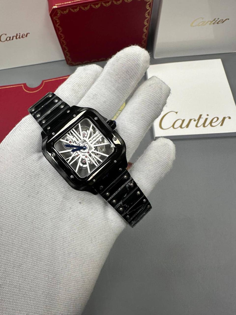 Cartier Santos Skeleton Black Silver Dial Watch Men's Reps Sale UK Best Quality AAA Replica