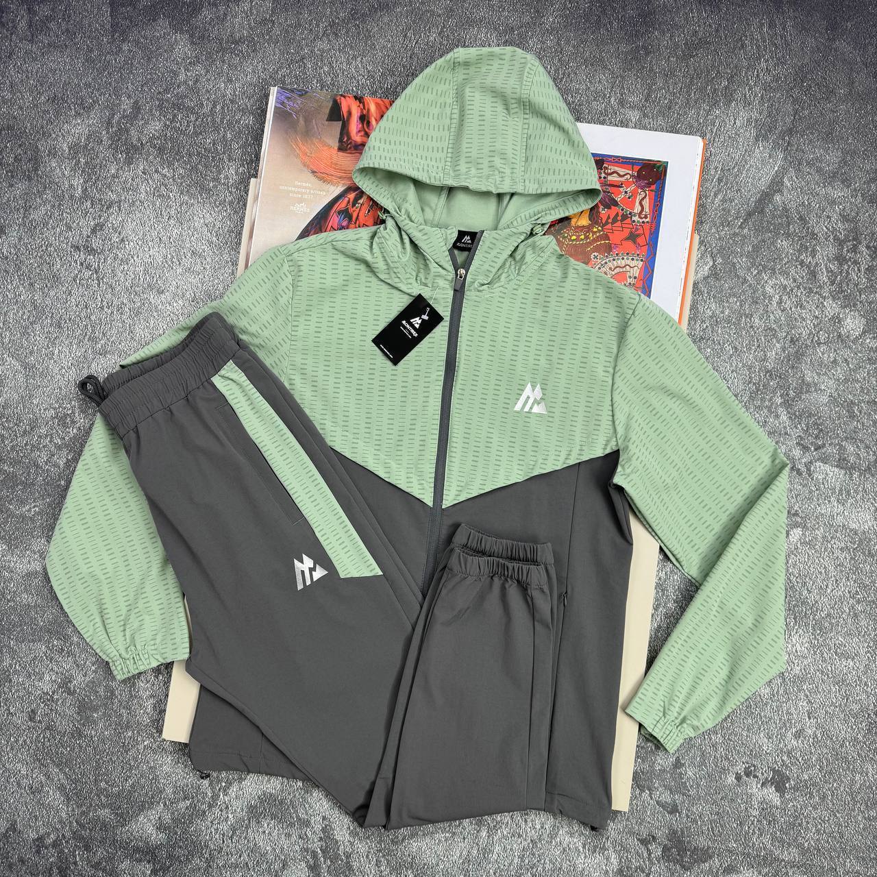 Montirex Men's Two-Tone Technical Hooded Tracksuit in Sage Mint / Charcoal Colour Mens Reps Sale UK Best Quality AAA Replica