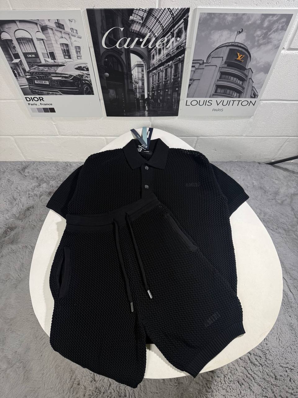 Amiri Logo Embroidered Open-Knit Crochet Polo Shirt and Shorts Co-ord Set Reps UK Best Quality Sale AAA Replica