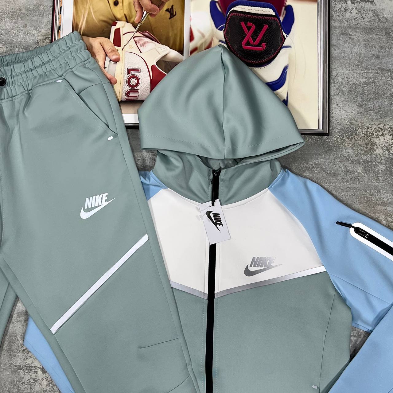 Nike Men's Tech Fleece Full-Zip Hooded Tracksuit Set in Mint/Blue/White Color Reps Sale UK Best Quality AAA Replica