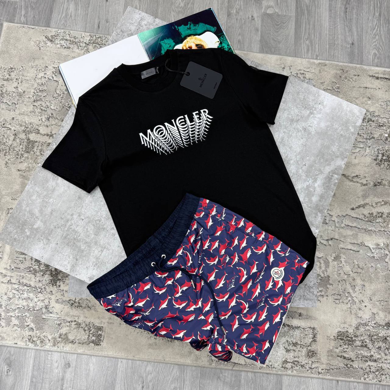 Moncler Men’s Black Wave Logo T-Shirt & Navy Shark Print Swim Shorts Set Men's Reps Sale UK Best Quality Replica