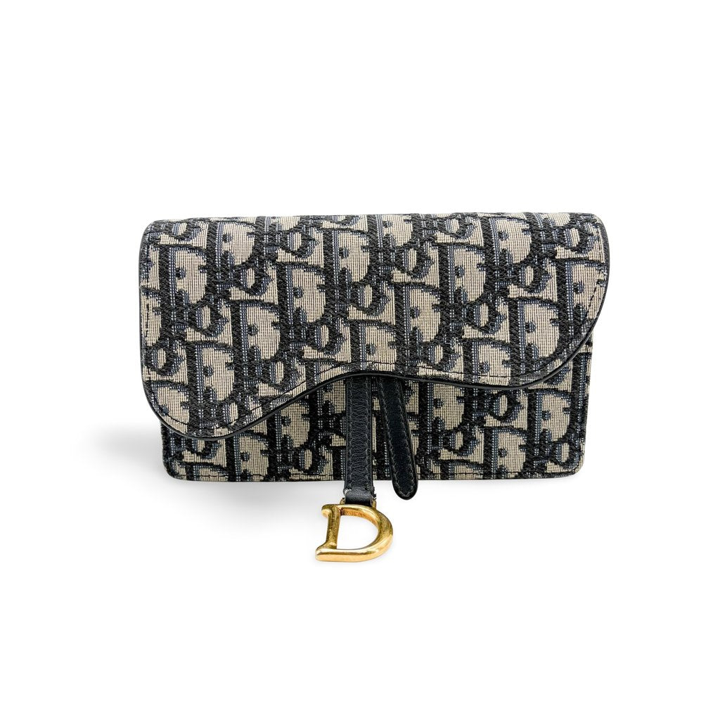 DIOR - Medium Saddle Pouch With Chain Blue DIOR Oblique Jacquard - Women