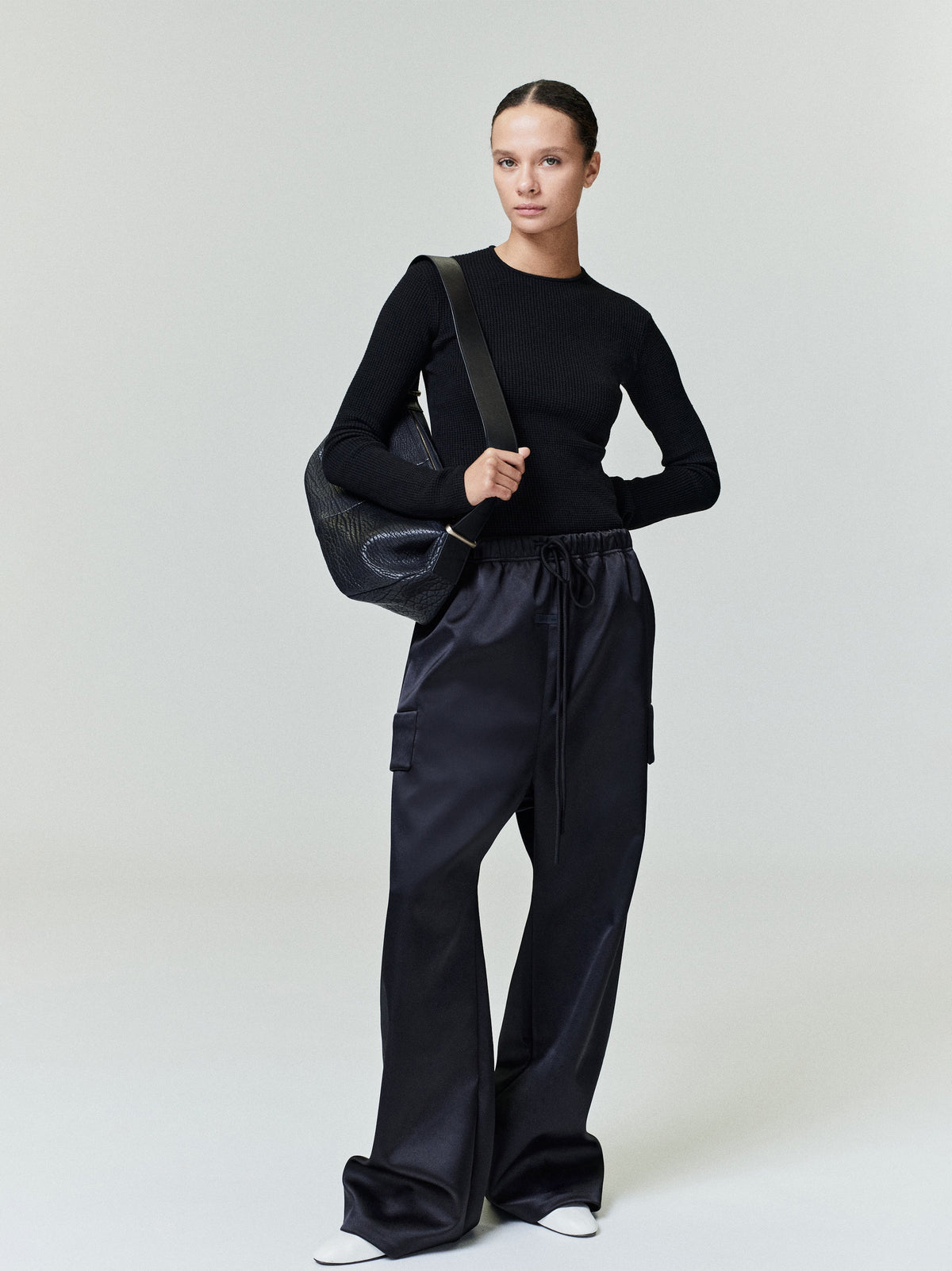 Fear of God Essentials Bonded Satin Wide Leg Field Pant Olive Green BagAg