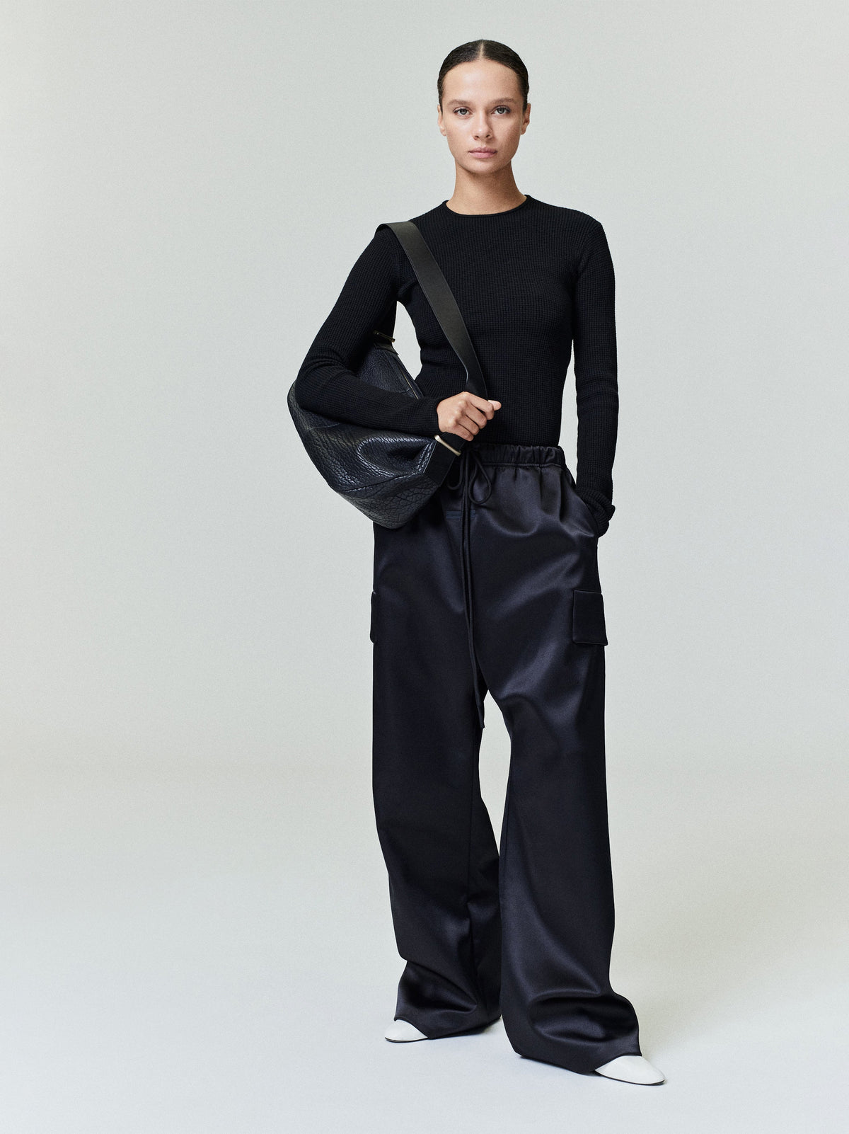 Fear of God Essentials Bonded Satin Wide Leg Field Pant Olive Green BagAg