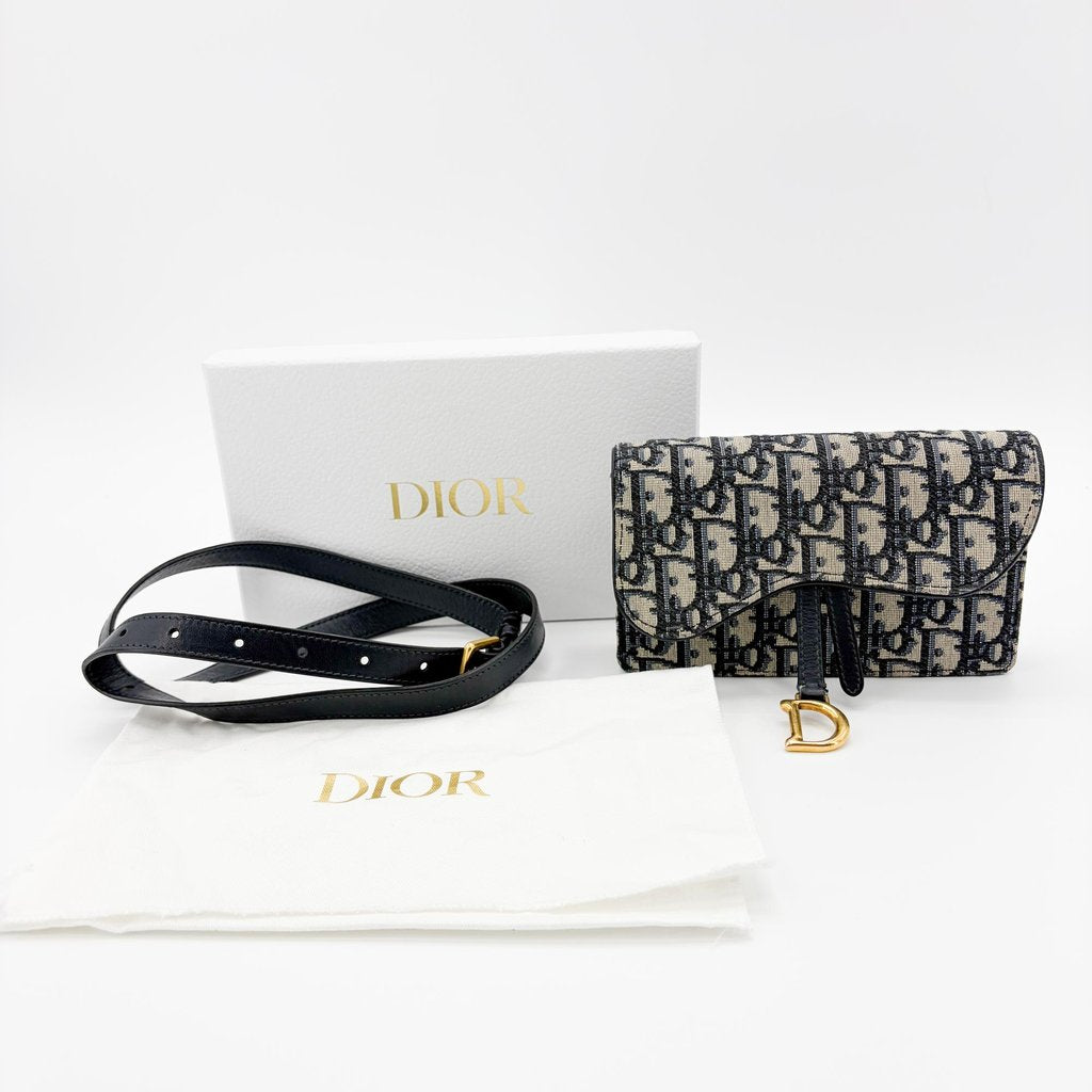 DIOR - Medium Saddle Pouch With Chain Blue DIOR Oblique Jacquard - Women