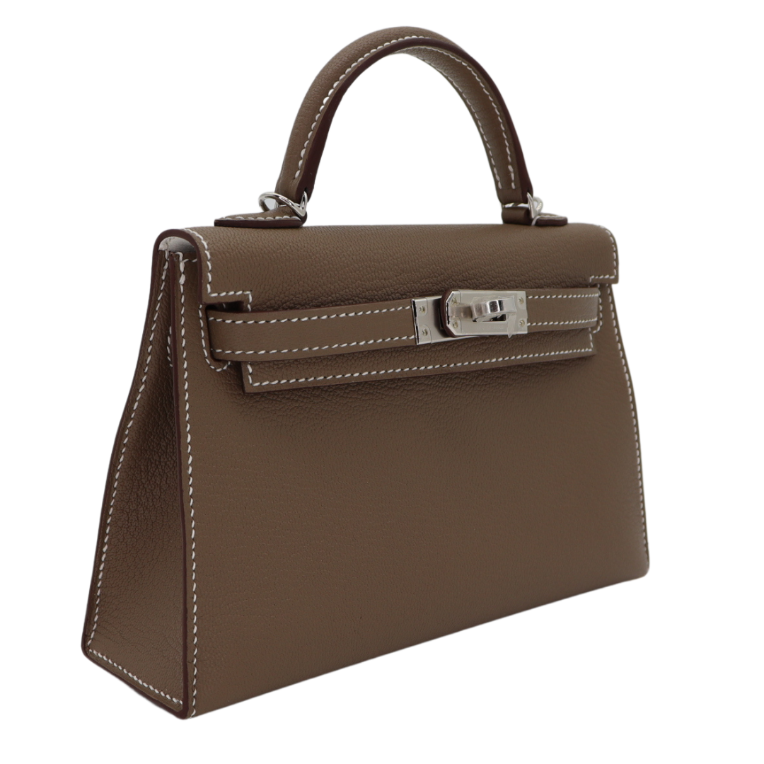 Hermès Mini Kelly II HSS Etoupe/White Chèvre Palladium Hardware Crowned Bag
