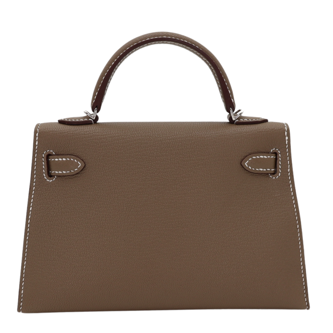 Hermès Mini Kelly II HSS Etoupe/White Chèvre Palladium Hardware Crowned Bag