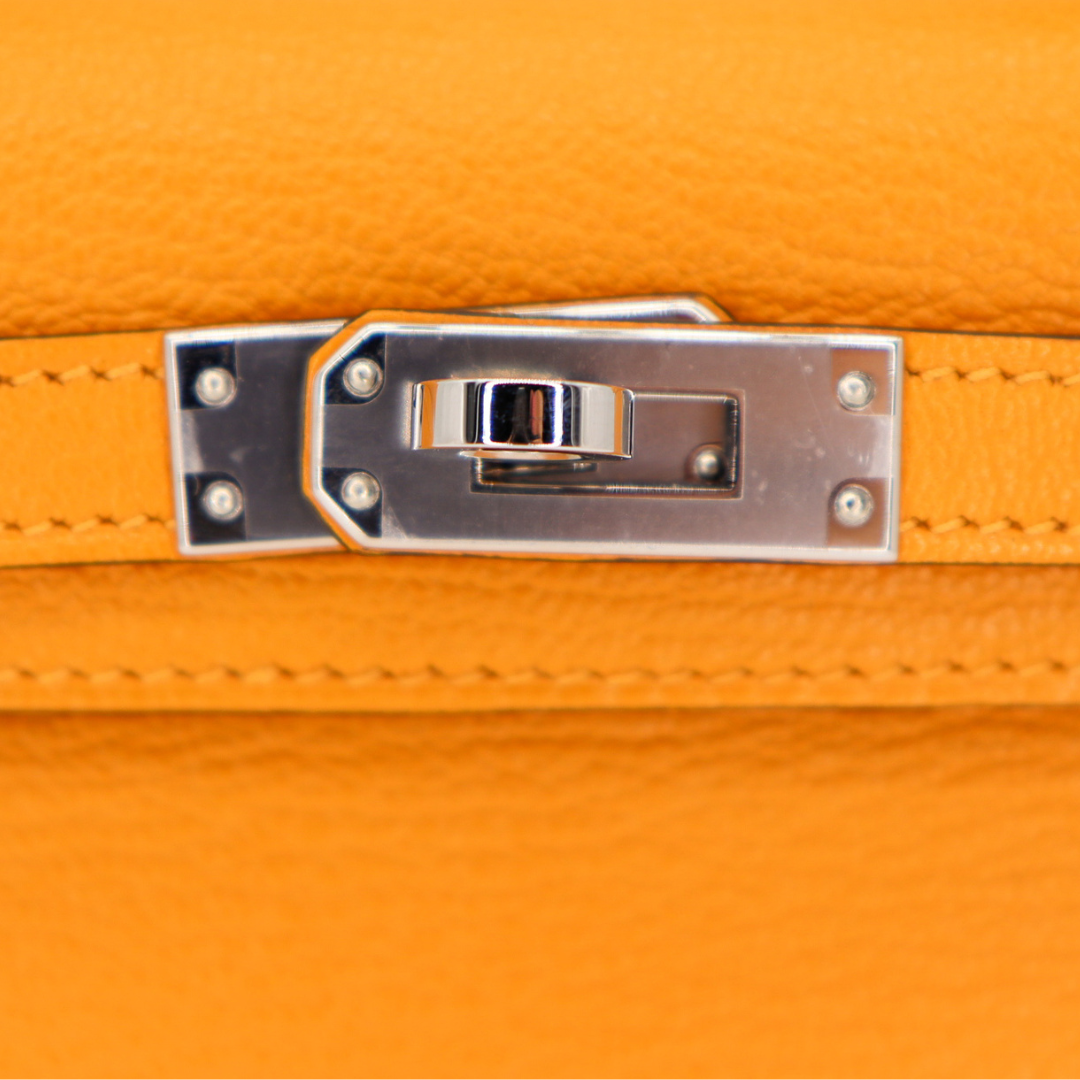 Hermès Mini Kelly II Sellier Moutarde Chèvre Palladium Hardware Crowned Bag