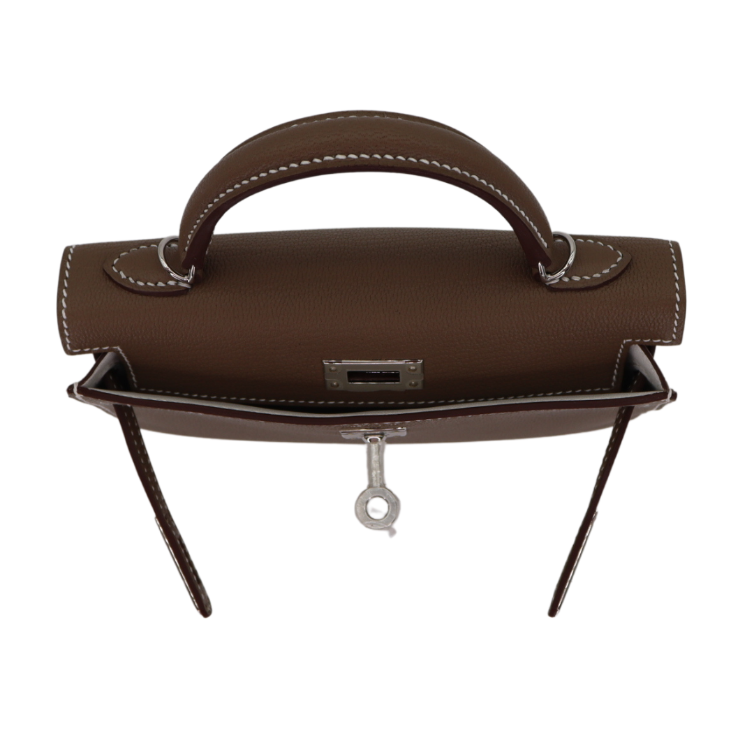 Hermès Mini Kelly II HSS Etoupe/White Chèvre Palladium Hardware Crowned Bag