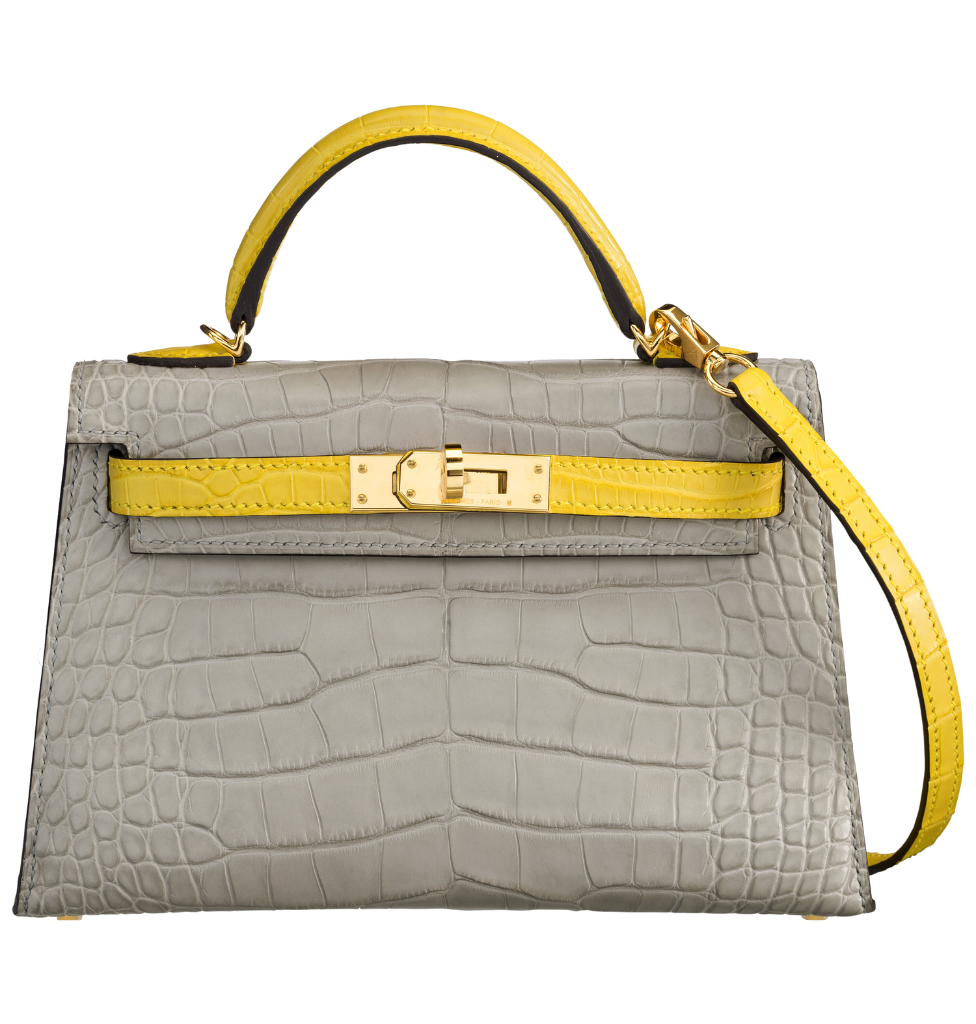 Hermès Kelly Mini 20 Gris Perle Jaune Citron Matte Alligator GHW HSS Bag Crowned Bag