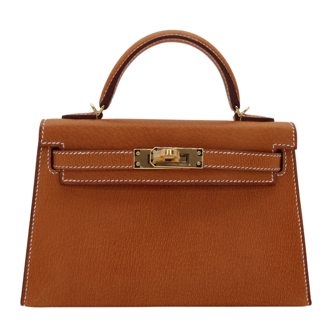 Hermès Mini Kelly II Sellier Toffee Porc Leather Gold Hardware Crowned Bag