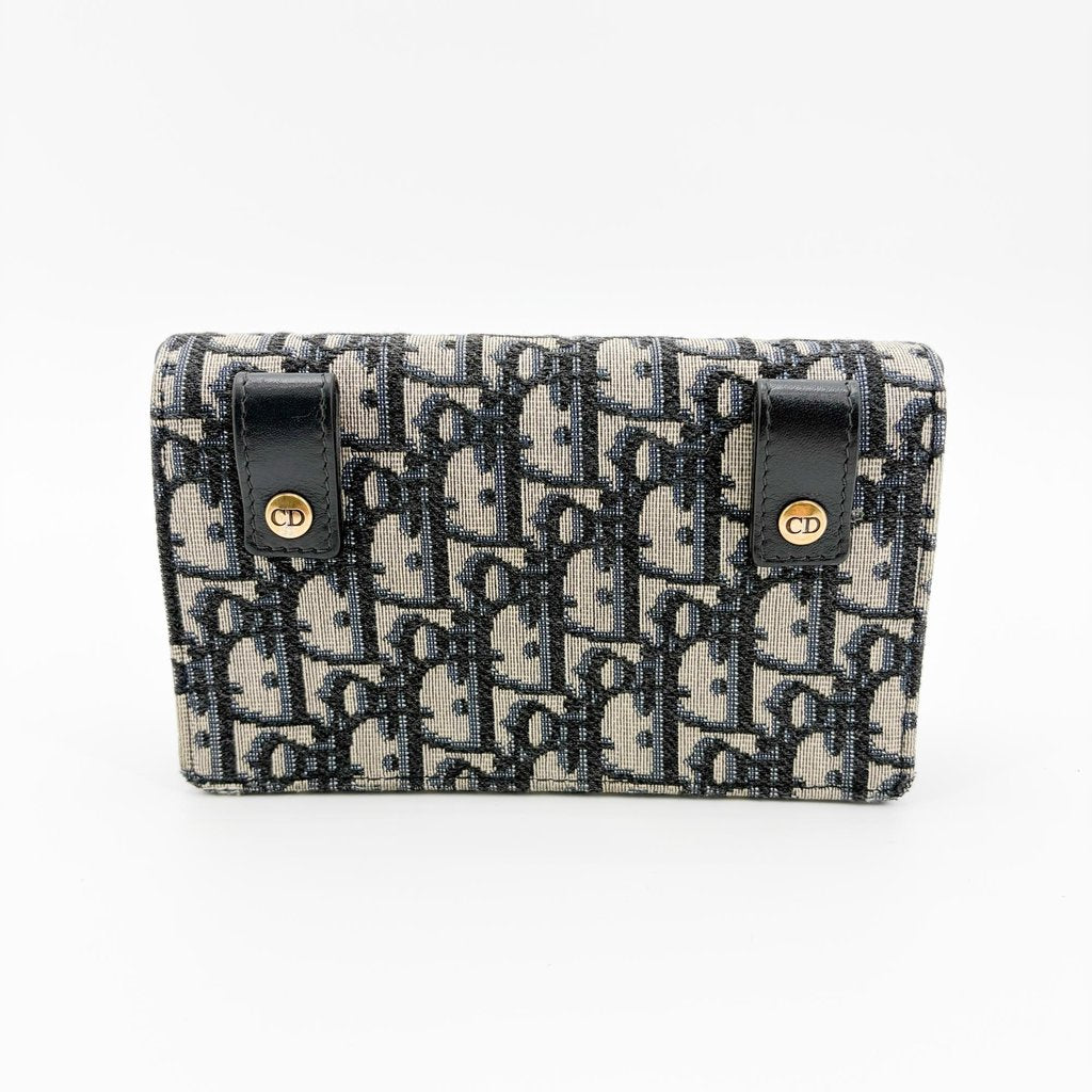 DIOR - Medium Saddle Pouch With Chain Blue DIOR Oblique Jacquard - Women