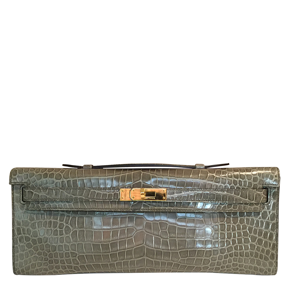 Hermès Kelly Cut Gris Tourterelle Porosus Crocodile GHW Crowned Bag