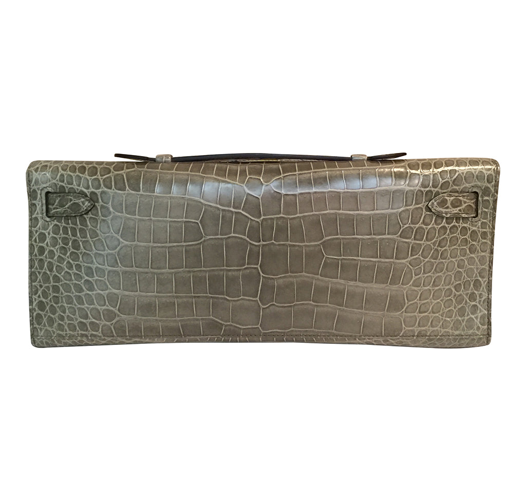 Hermès Kelly Cut Gris Tourterelle Porosus Crocodile GHW Crowned Bag