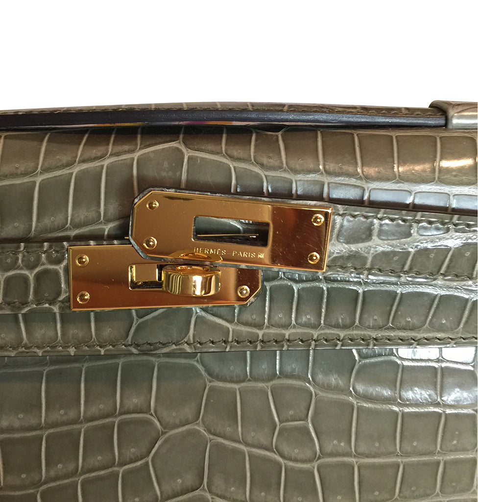 Hermès Kelly Cut Gris Tourterelle Porosus Crocodile GHW Crowned Bag