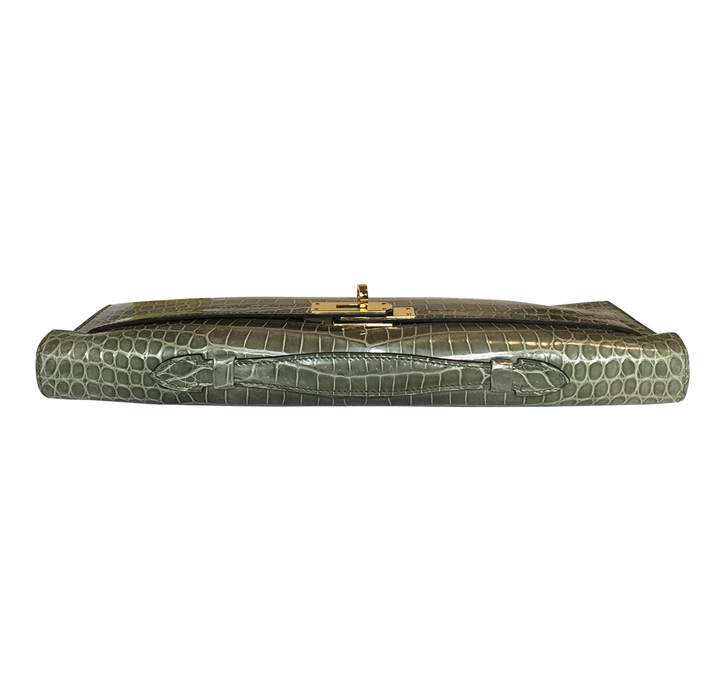 Hermès Kelly Cut Gris Tourterelle Porosus Crocodile GHW Crowned Bag