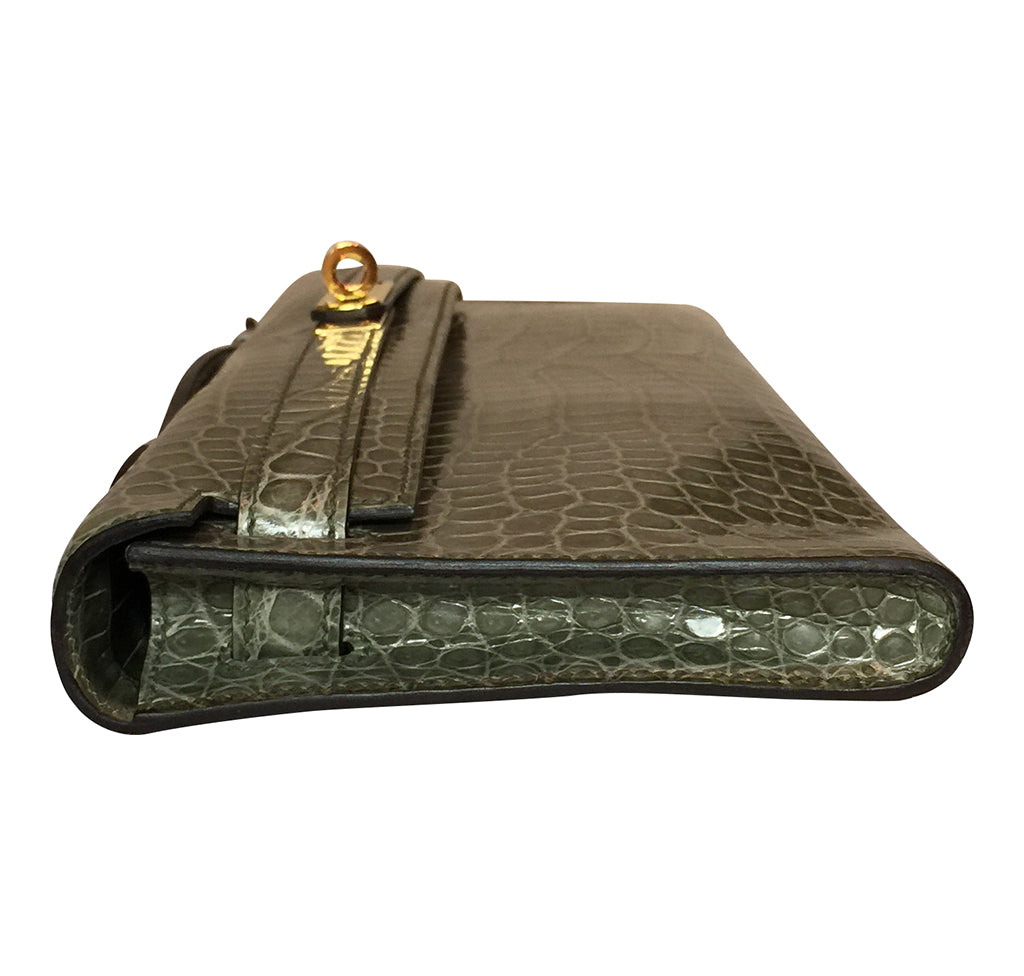 Hermès Kelly Cut Gris Tourterelle Porosus Crocodile GHW Crowned Bag