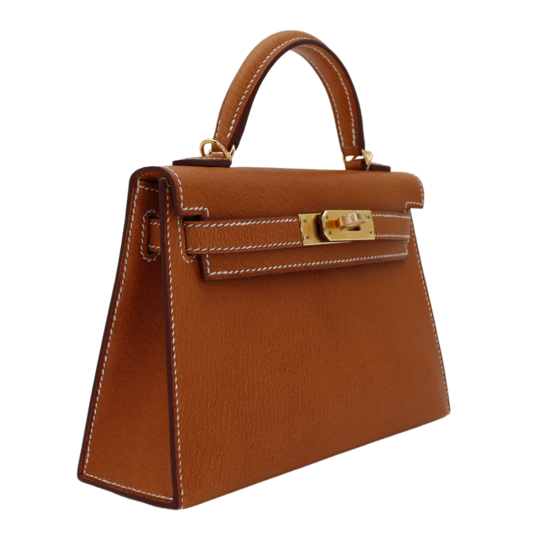 Hermès Mini Kelly II Sellier Toffee Porc Leather Gold Hardware Crowned Bag